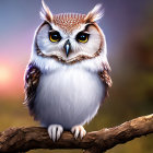 Large and small owls perched on branch with yellow eyes and spotted feathers in digital illustration.