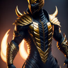 Menacing Black and Gold Armored Figure with Glowing Eyes and Flames