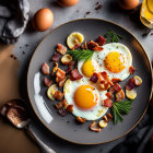 Sunny-Side-Up Eggs with Bacon and Herbs on Dark Plate