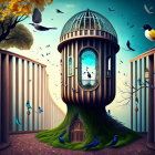 Surreal large birdcage on vine-covered hill with open door, birds flying, smaller cage