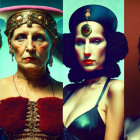 Four stylized portraits in vibrant historical costumes and headpieces with dramatic expressions