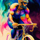 Colorful digital artwork: Cyclist with ornate helmet in swirling clouds