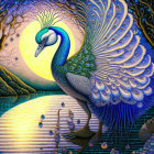 Colorful Peacock Illustration with Detailed Tail on Whimsical Background