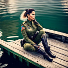 Pensive woman in military-style uniform on wooden dock