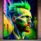 Colorful neon portrait of a classic artist against a brick wall