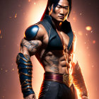 Animated warrior with black hair in arm guards and vest against fiery backdrop.