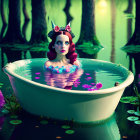 Surreal image of woman in floral crown in forest bathtub