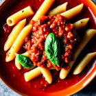 Italian Pasta Dish with Tomato Sauce and Basil Leaves