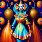 Colorful Stylized Female Figure in Ornate Costume with Blue Skin and Elaborate Headdress