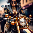Stylized woman in black and gold steampunk outfit on classic motorcycle in urban setting