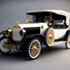 Classic White and Gold Car with Spoked Wheels and Ornate Detailing