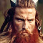 Bearded man in fur cloak and horned helmet gazes sternly.