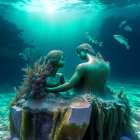 Underwater Statue of Three Figures Surrounded by Fish