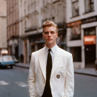 Young man in white suit and black tie on city street with buildings and cars in background