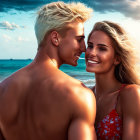 Smiling couple on beach with windswept hair