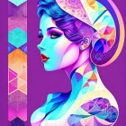 Profile Illustration: Woman with Multicolored Geometric Patterns on Face and Hair on Purple Background