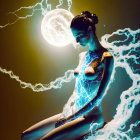 Woman posing with blue lightning effects and full moon backdrop