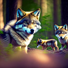 Realistic Family of Wolves in Forest: Adult & Three Cubs Among Greenery