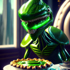 Shark-headed humanoid in green blazer smirking at pie in elegant room