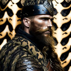 Bearded figure in studded helmet and chainmail with butterfly wings background