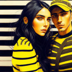 Stylized illustration of man and woman in yellow-striped outfits