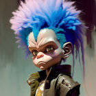 Blue Spiked Hair Animated Character in Black Leather Jacket