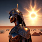 Futuristic female warrior in ornate armor in desert with dual-sun sky