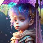 Child with Blue-Purple Hair Holding Umbrella Surrounded by Glowing Butterflies