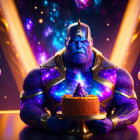 Digital Artwork: Thanos with Birthday Cake in Cosmic Setting