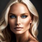 Blonde Woman Portrait with Blue Eyes and Dark Background