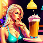 Blonde Woman in Blue Top at Diner Table with Milkshake