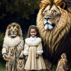 Young girl surrounded by six photorealistic lions in lush green landscape