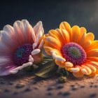 Vibrant pink and orange gerbera flowers on smooth surface with dark backdrop