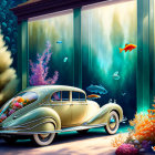 Vintage car parked next to vibrant coral and fish in surreal underwater scene