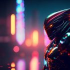 Glowing futuristic armored figure in neon-lit cityscape