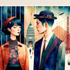 Stylized characters in vintage attire against cityscape backdrop