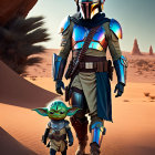 Futuristic armored character with green alien in desert landscape