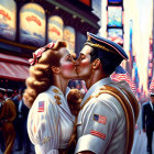 Man in sailor's uniform kissing woman in victory roll hairstyle on bustling, flag-adorned street