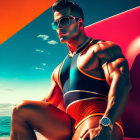 Muscular man in sunglasses and swimwear under blue skies with orange gradient