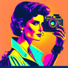 Colorful Pop-Art Style Illustration of Woman with Vintage Hair and Camera on Orange and Pink Background