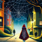 Person in red cloak on cobblestone street at night with spiderweb and Victorian houses.