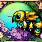 Vibrant illustration of large bee with intricate wings and pink flowers on yellow-green backdrop