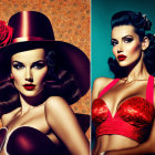 Split-image of woman: Wide-brimmed hat with rose vs. red leopard-print bikini top