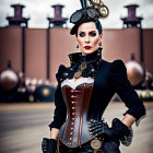 Steampunk-themed woman in top hat and corset poses confidently