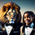 Smiling boy in tuxedo with lion in suit by city skyline at dusk