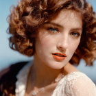 Portrait of woman with curly brown hair, blue eyes, fair skin, white lace garment, soft blue