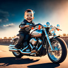 Cute Baby on Motorcycle Sunset Illustration