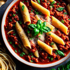 Bowl of pasta with tomato sauce, basil, and grated cheese on dark surface