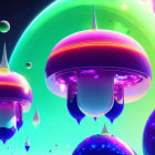 Colorful Sci-Fi Scene: Floating Alien Structures and Planets