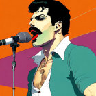 Colorful Stylized Illustration of Person with Moustache Singing on Orange Background